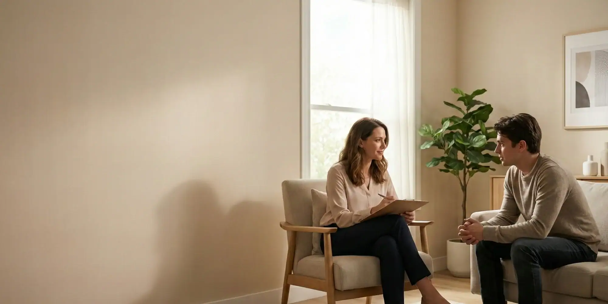 A woman and a man sit facing each other in a bright, minimalist room with beige walls and a window. The woman holds a clipboard, suggesting an OCD therapy session in Texas or Minnesota, possibly focusing on ERP therapy.